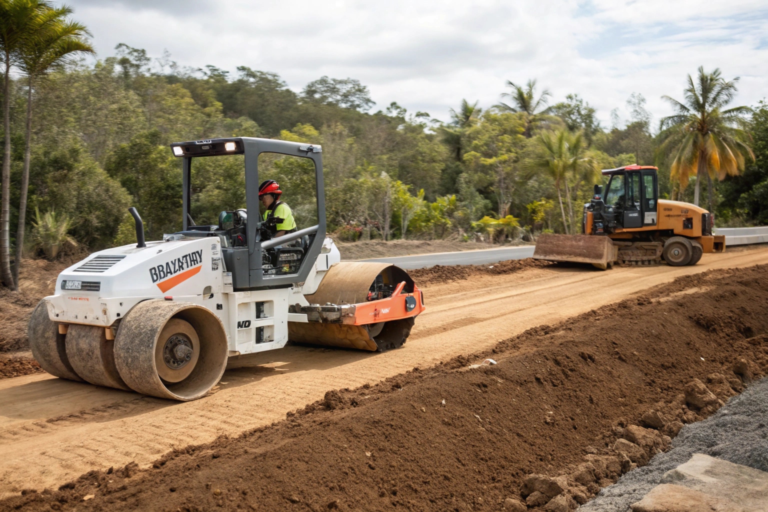 Bobcat and compaction plant finishing and preparing subgrade on a bulk excavation site in the Tweed Heads region