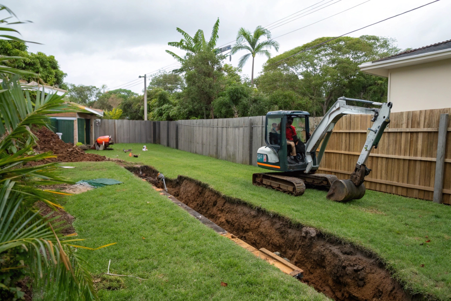 Compact excavator digging a residential foundation footing trench in Tweed Heads