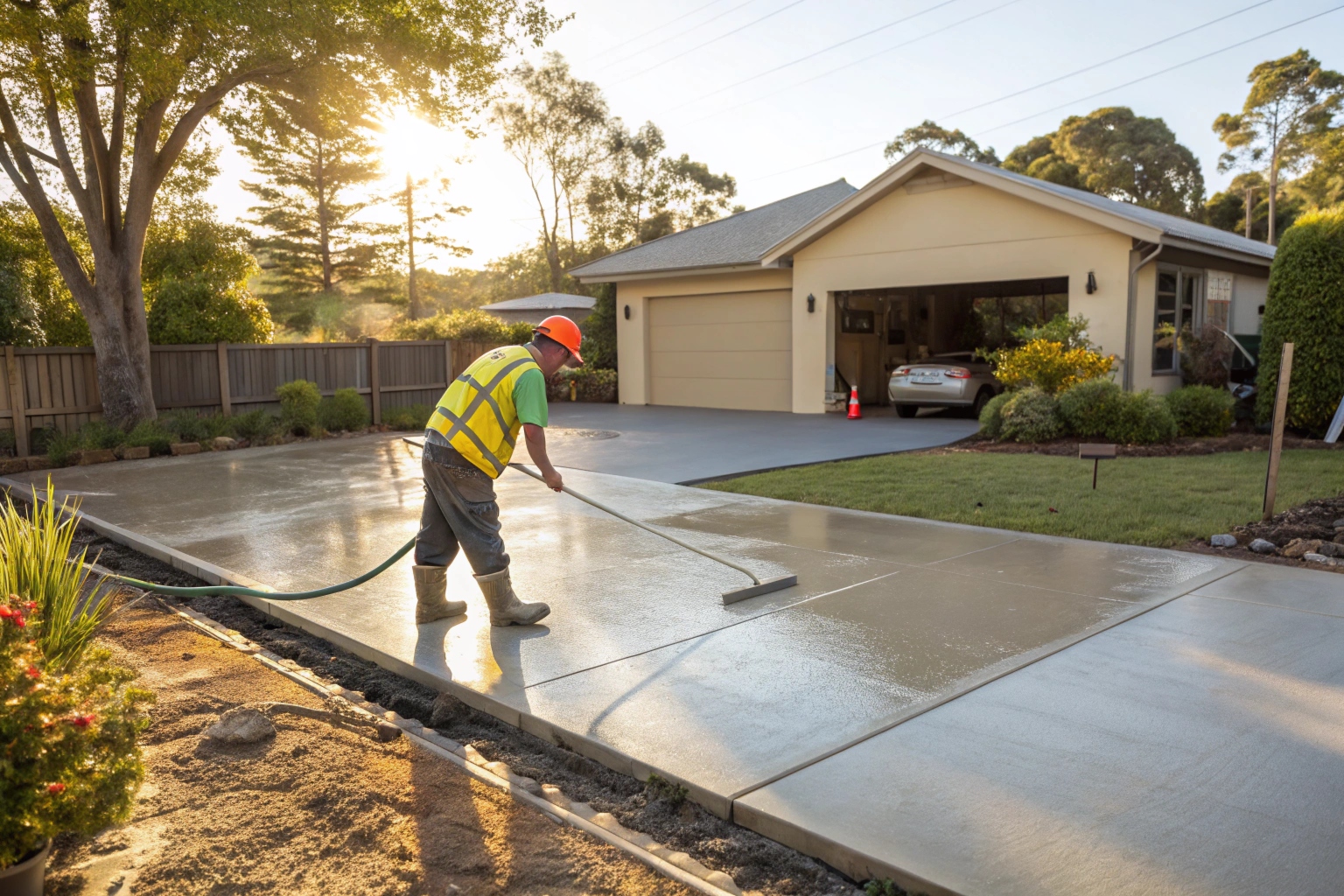 Concreter laying and finishing a new concrete driveway at a Tweed Heads property