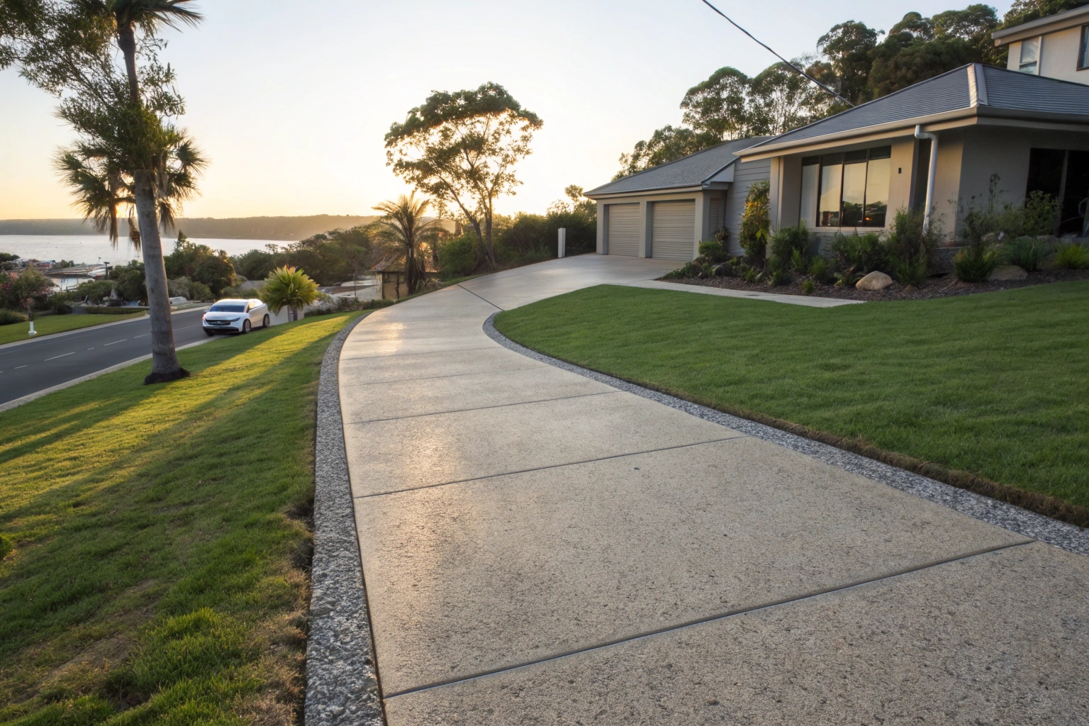 Exposed aggregate concrete driveway installed at a residential home in Tweed Heads