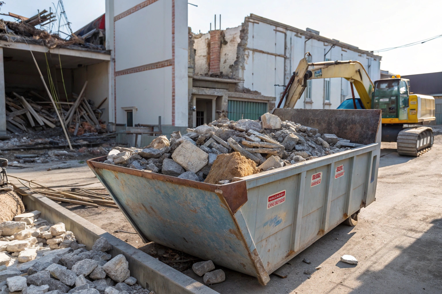 Sorted concrete rubble and steel reinforcement in skip bin for recycling after demolition works in Tweed Heads