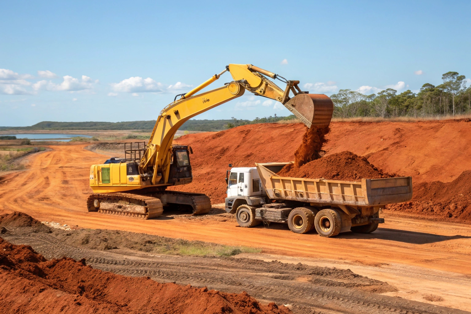 Large excavator loading tipper truck during bulk excavation on a residential development site in Tweed Heads