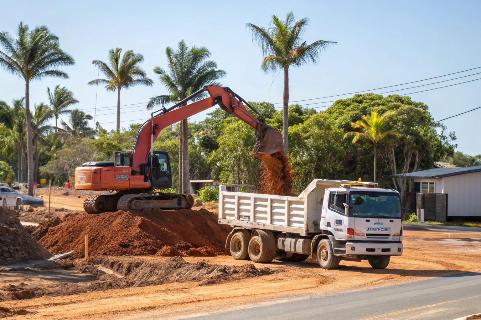 Excavator loading spoil into tipper truck during site excavation in Tweed Heads