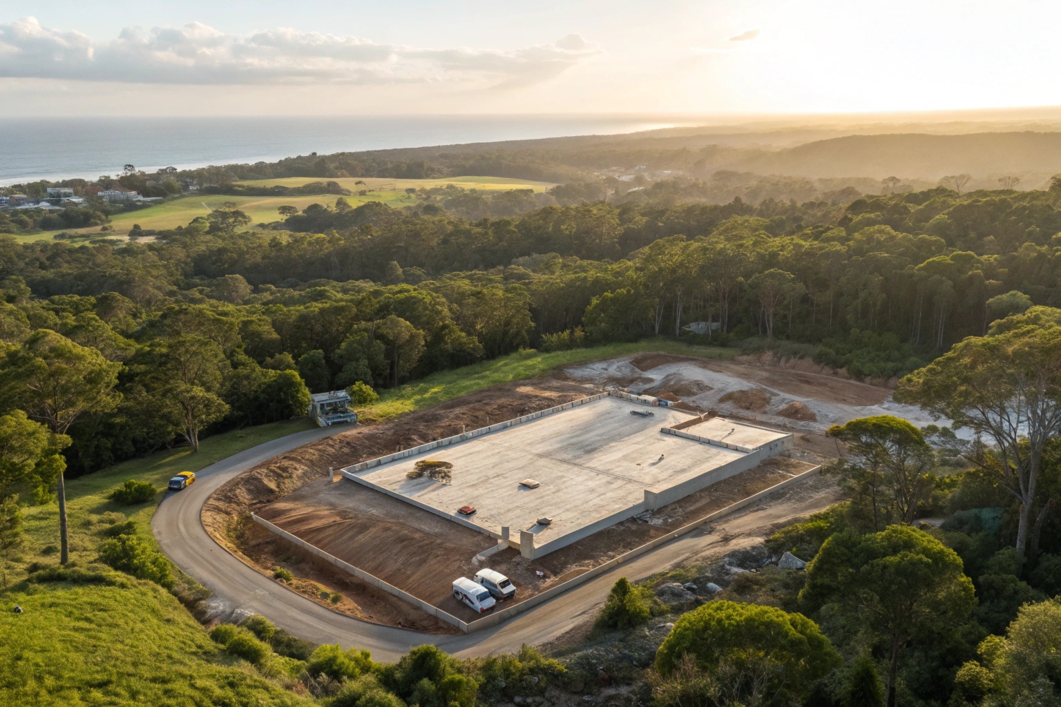 Aerial view of a finished and levelled bulk excavation platform ready for construction on a Tweed Heads development site