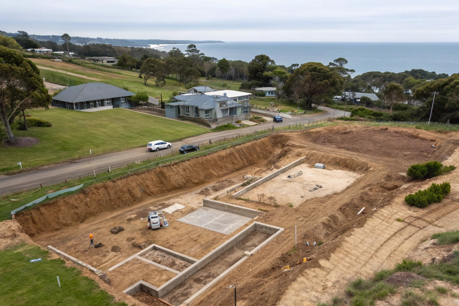 Aerial view of completed step footing excavation on a sloped block in Tweed Heads