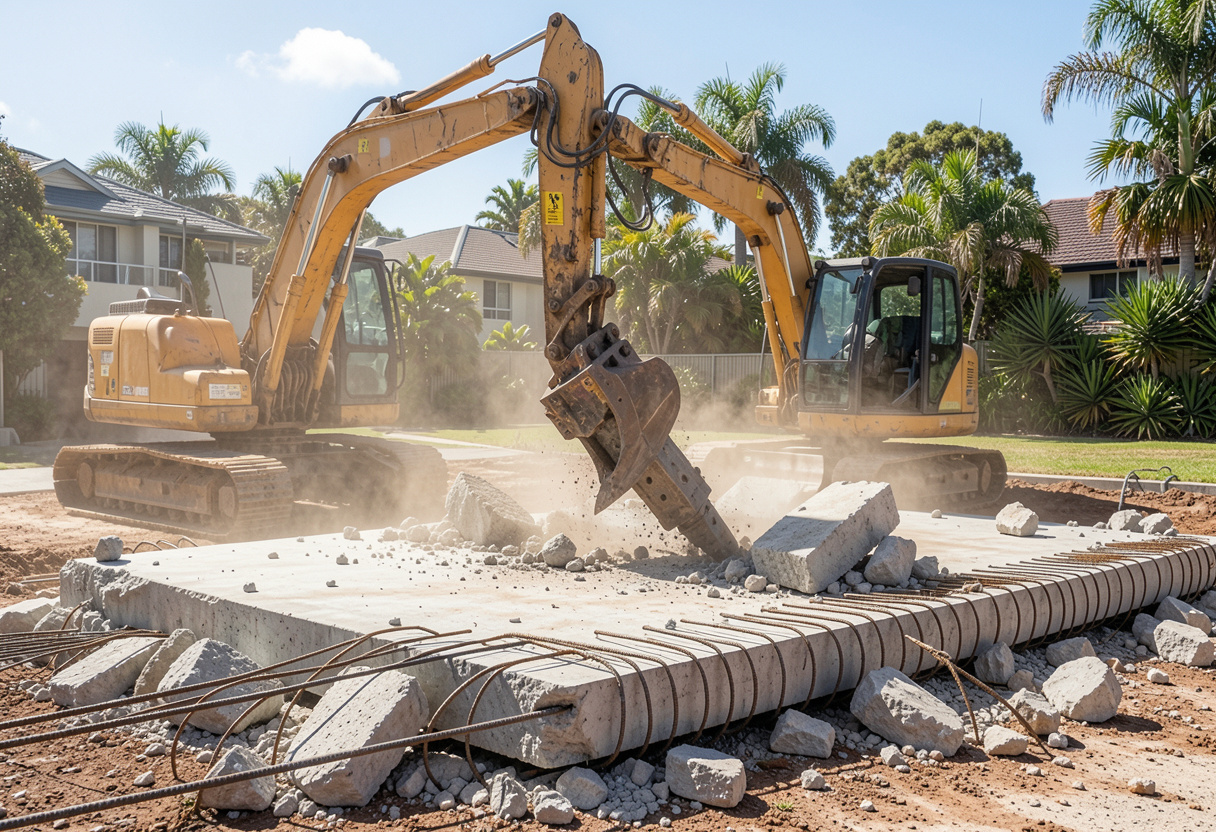 an excavator with a hydraulic breaker attachment actively demolishing a large reinforced concrete slab