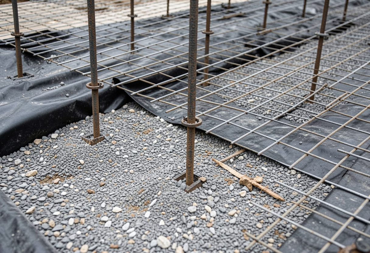 close-up ground-level view of a concrete slab construction site