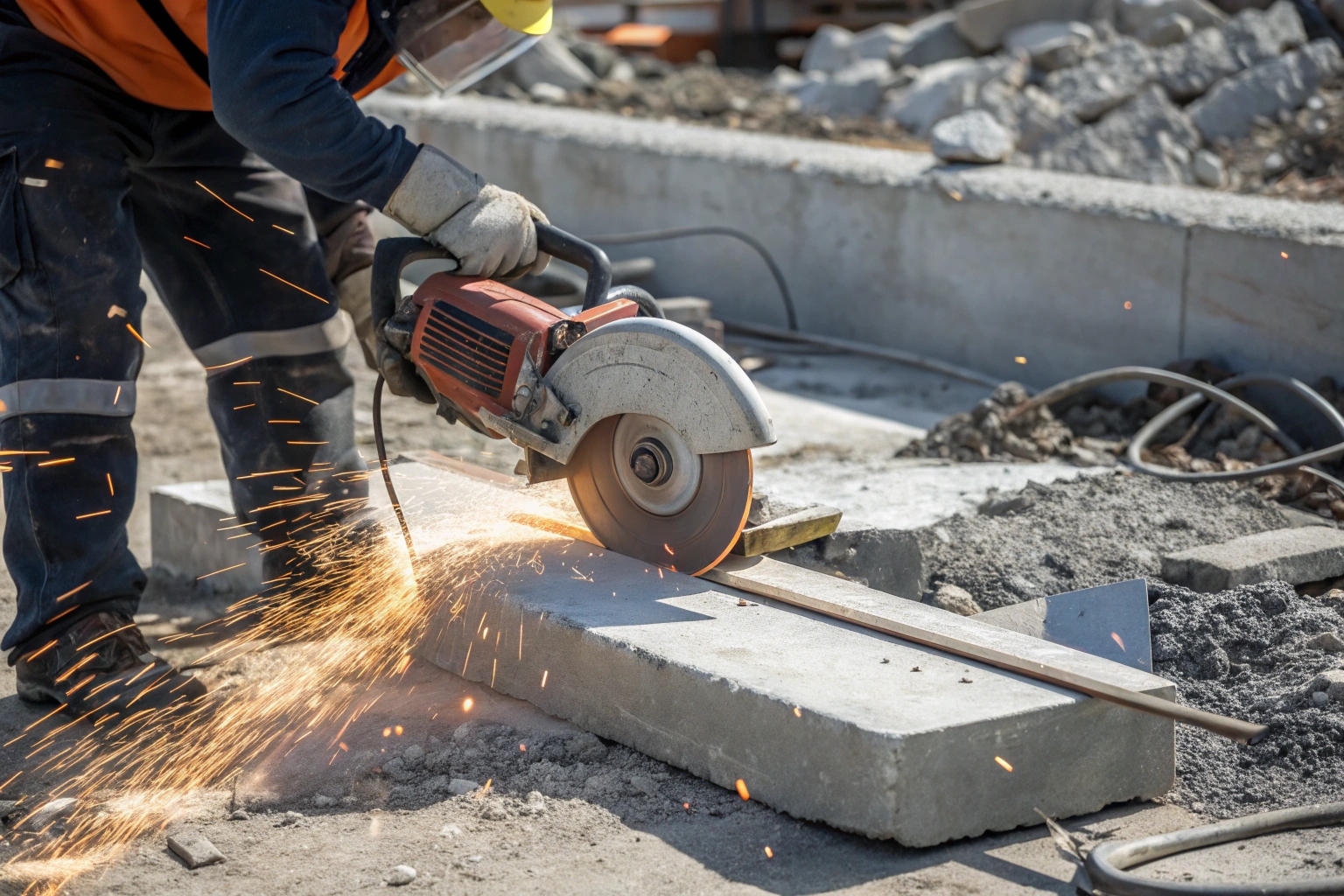 Diamond saw cutting through reinforced concrete slab during controlled demolition works
