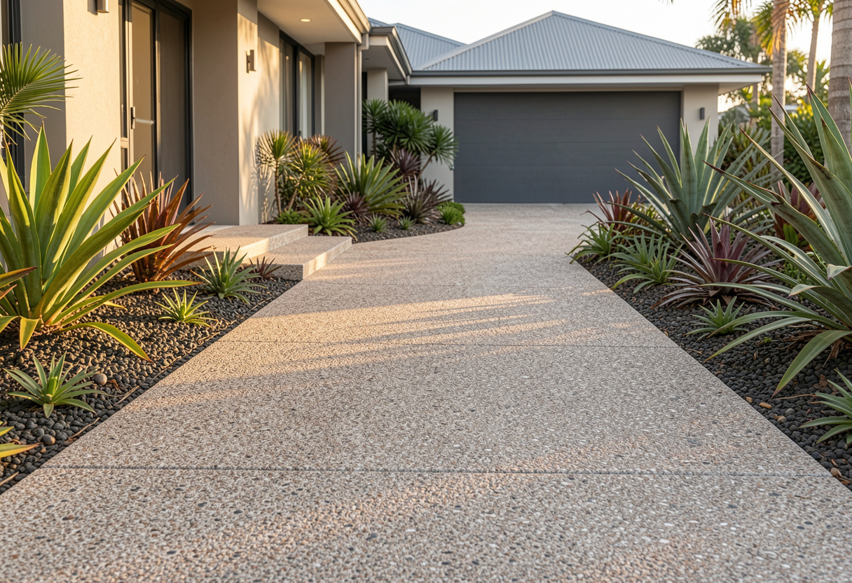 completed exposed aggregate concrete footpath running from a modern home