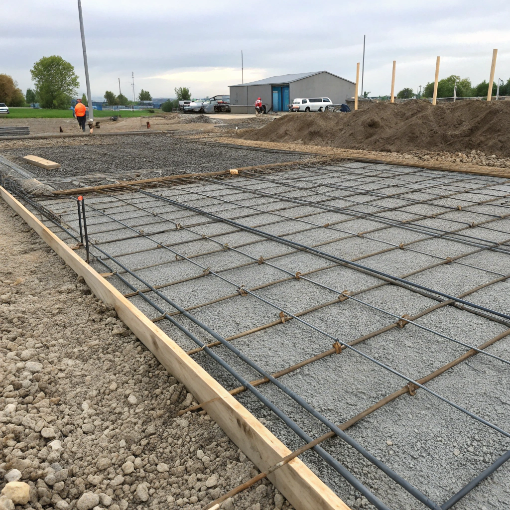Steel reinforcement bar laid out on a commercial concrete site before pouring