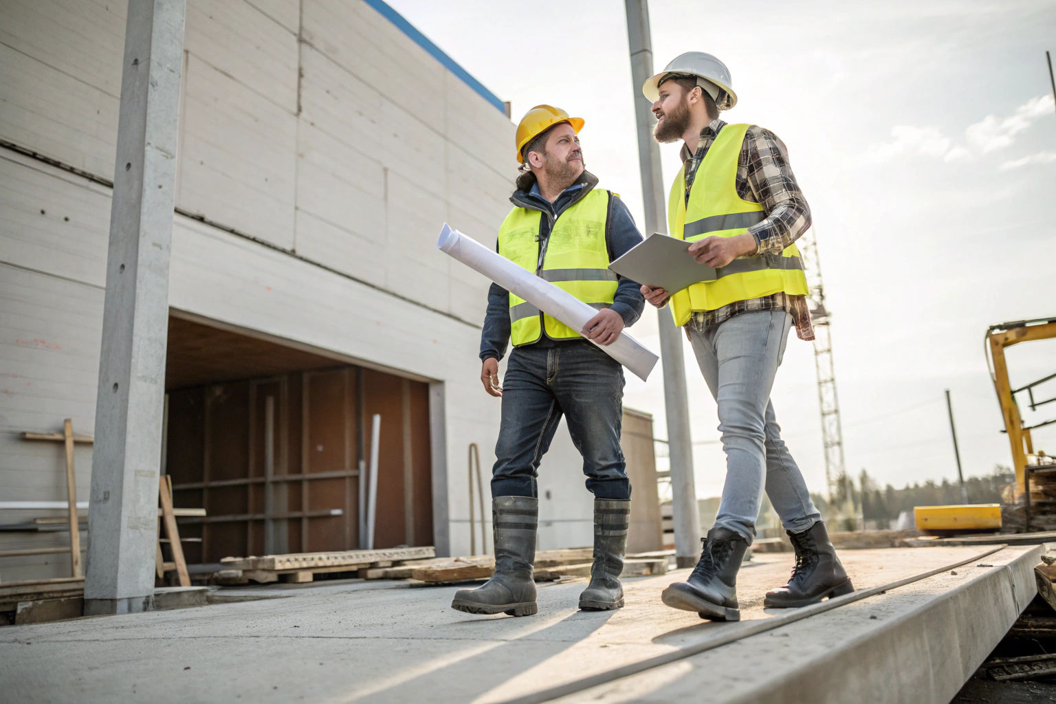 concreter-site-supervisor-commercial-project-tweed-heads Concreter discussing project plans with a site supervisor on a commercial construction site