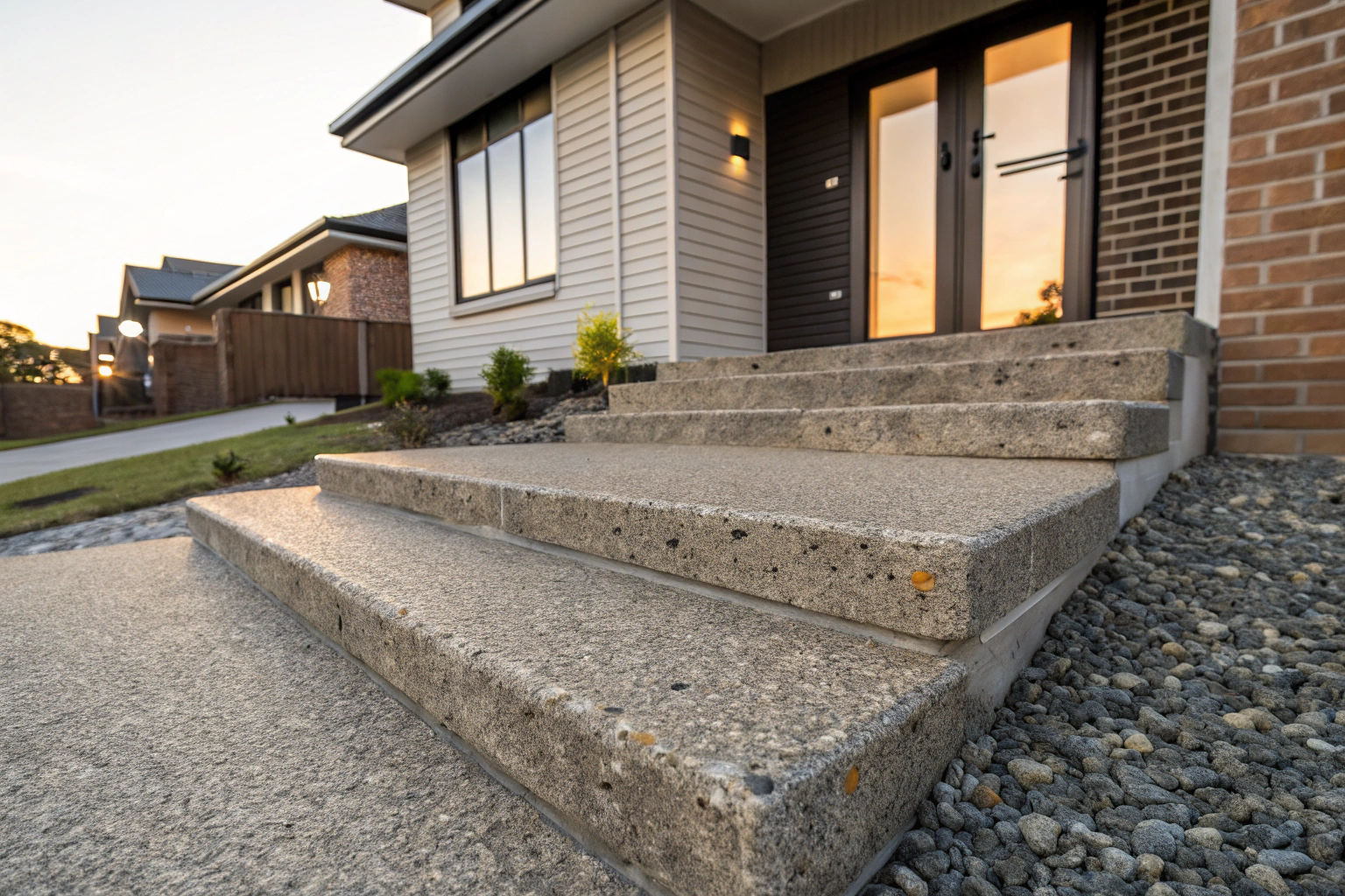 Exposed aggregate concrete steps leading to a home entry in Banora Point