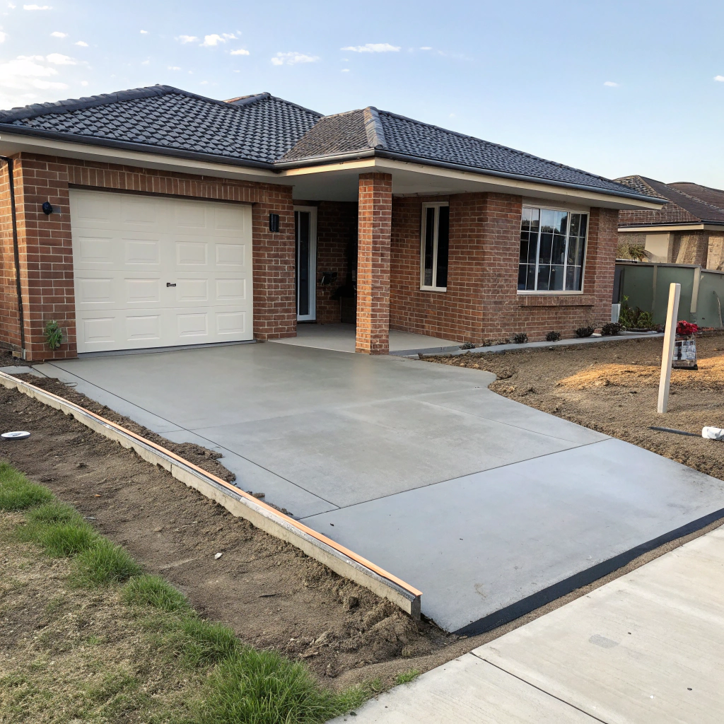 Freshly poured concrete garage slab at residential home exterior