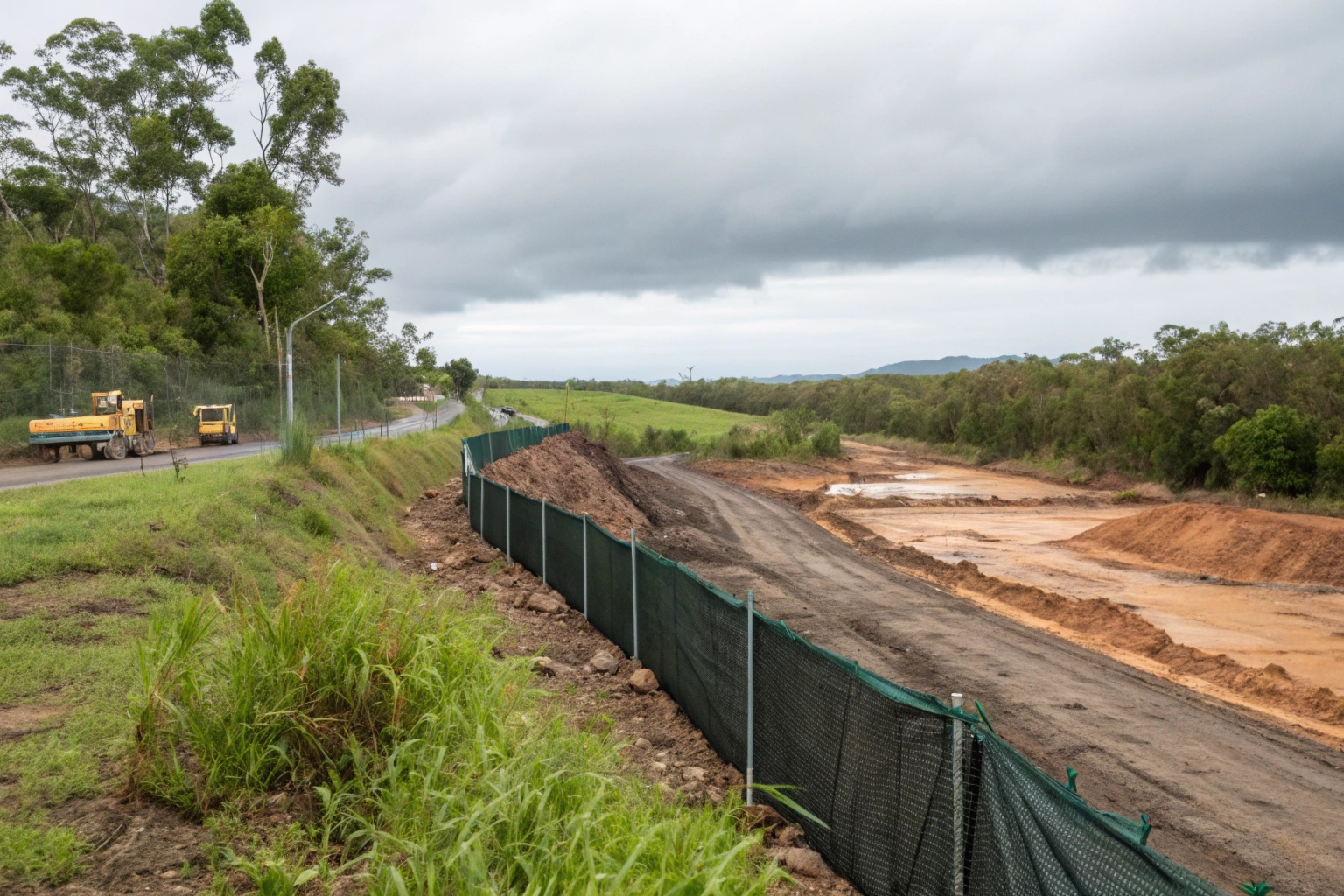 Erosion and sediment control silt fencing installed on a bulk excavation site near Tweed Heads ahead of wet season rainfall