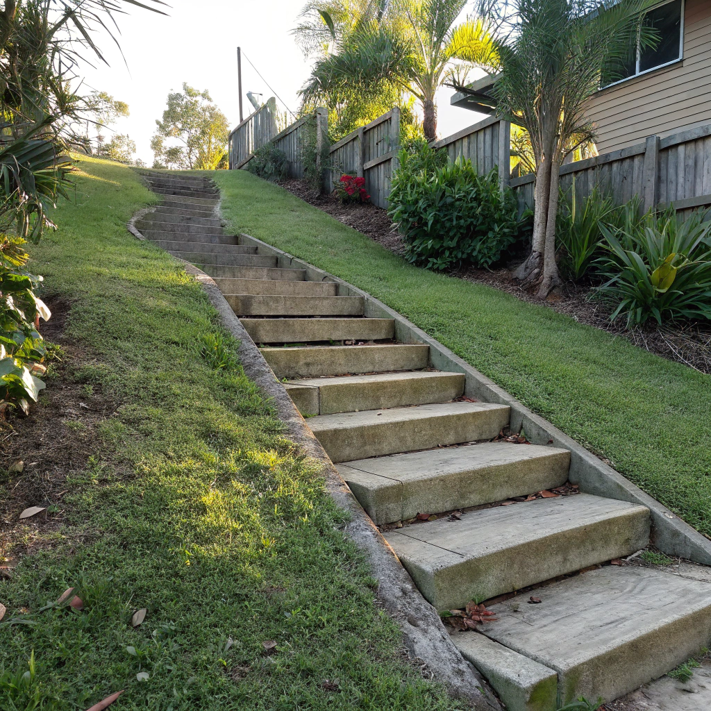 Concrete garden steps terracing a sloped residential block in Tweed Heads West