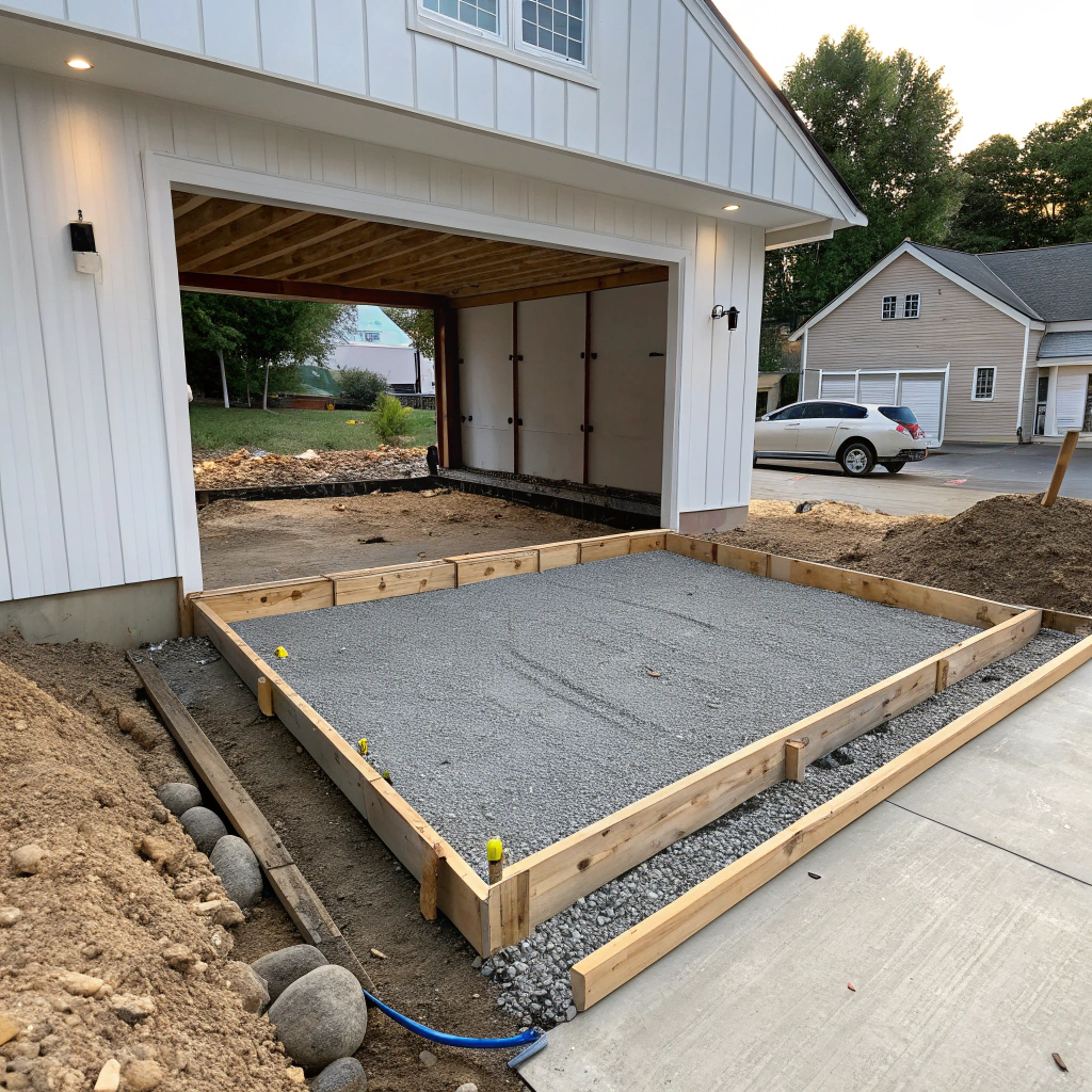 Excavated and compacted subgrade inside garage formwork ready for concrete pour