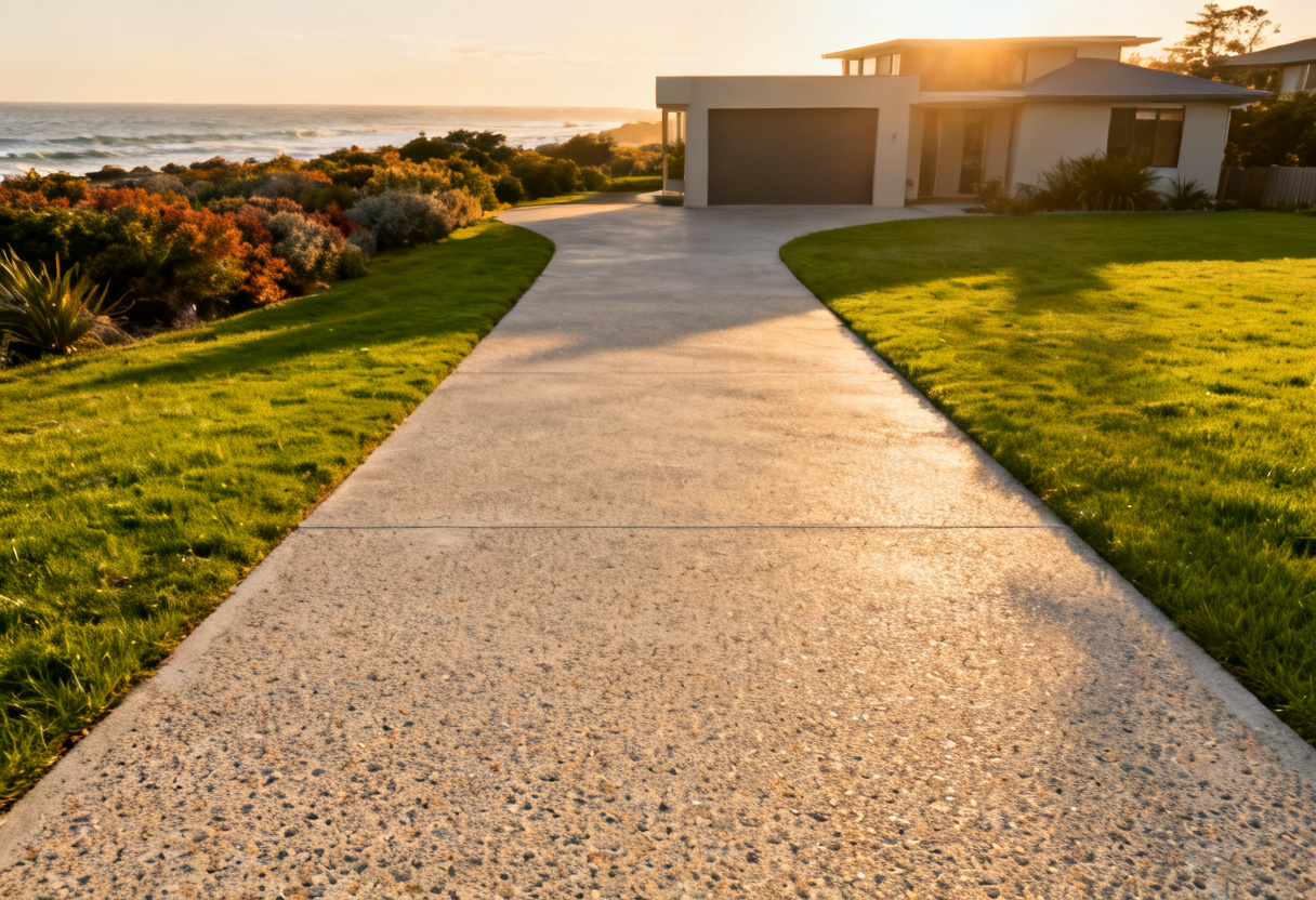 freshly completed exposed aggregate concrete driveway